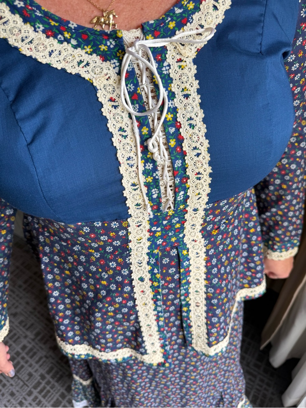 Vintage Handmade Prairie Maxi Dress Cottagecore Floral Lace Boho Folk Calico 70s - Picture 6 of 6